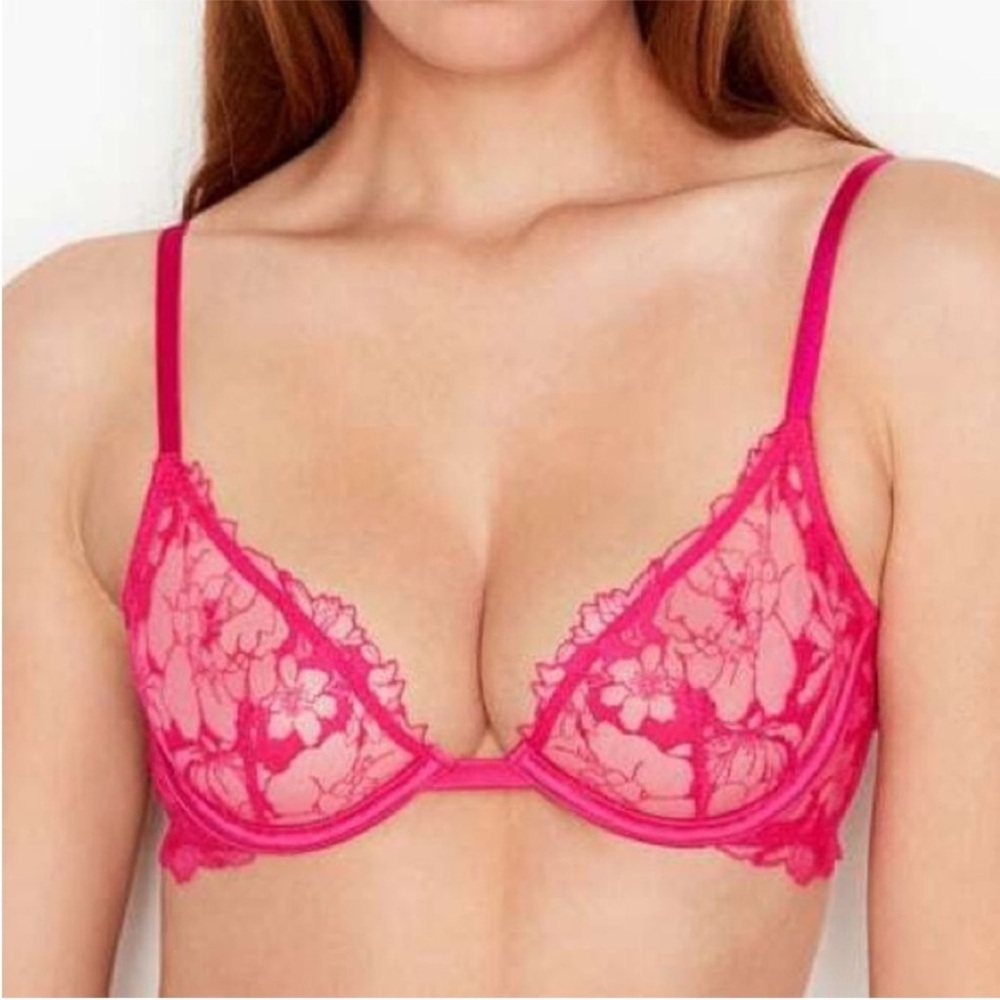 NEW VICTORIA’S SECRET Luxe Very Sexy Low Cut Plunge Demi Bra Lace Pink Size 34D